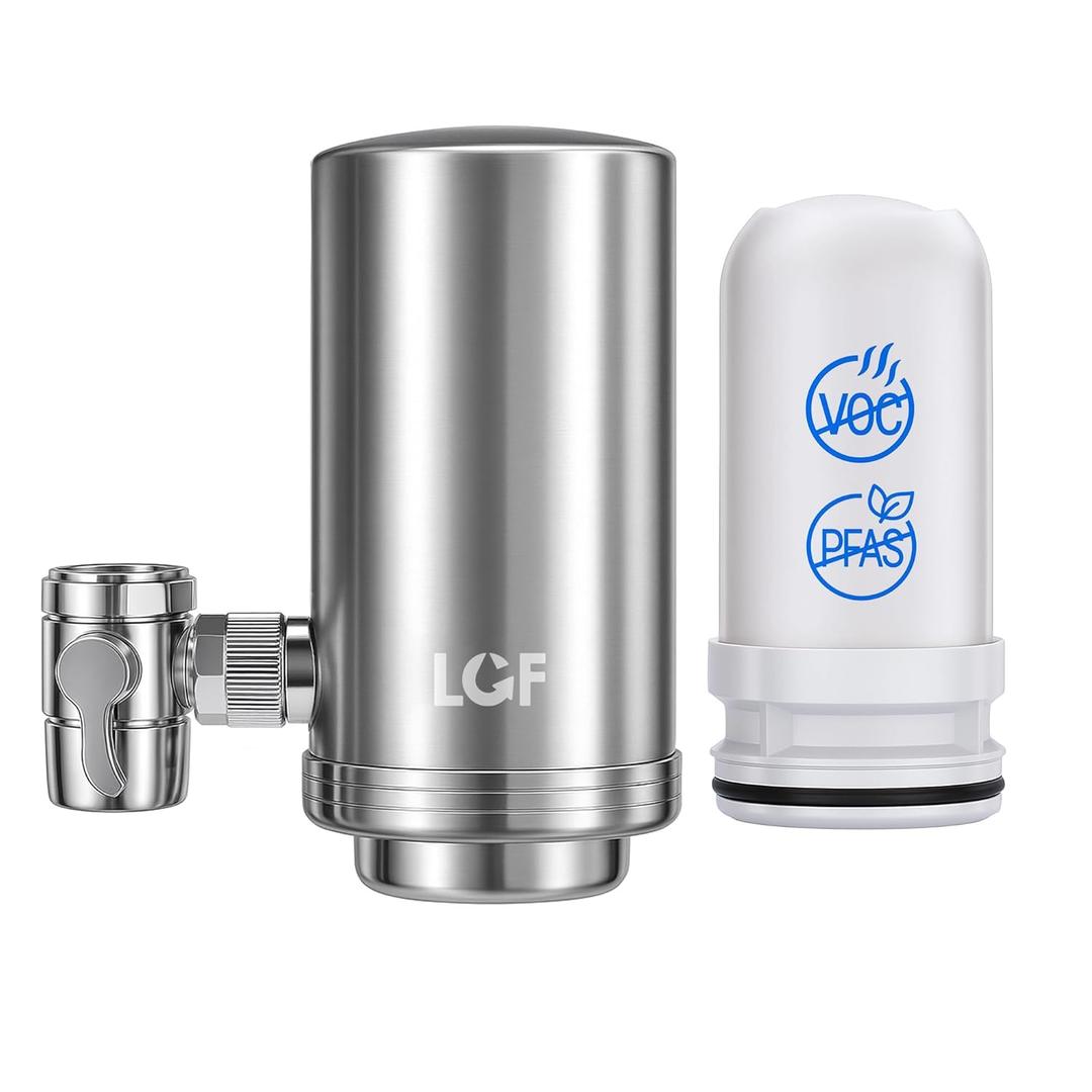 LCF 360° Rotating Stainless-Steel Faucet Water Filter - High Flow, Mineral-Enhanced Tap Water Filter, Reduces Chlorine, Heavy Metals and Bad Taste, Easy Install, 320 Gallons, Kitchen Sink Ideal