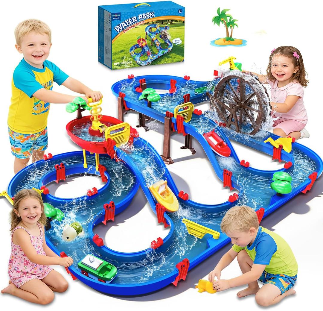 TERRAMUS 2-Tier Kids Watermill Water Table Toys, 124PCS Water Park Playset with Pump, Waterwheel, Summer Outdoor Water Toys Waterways for Backyard,Lawn,Beach,Pool,Gifts for Boys Girls Toddlers 3-5 4-8