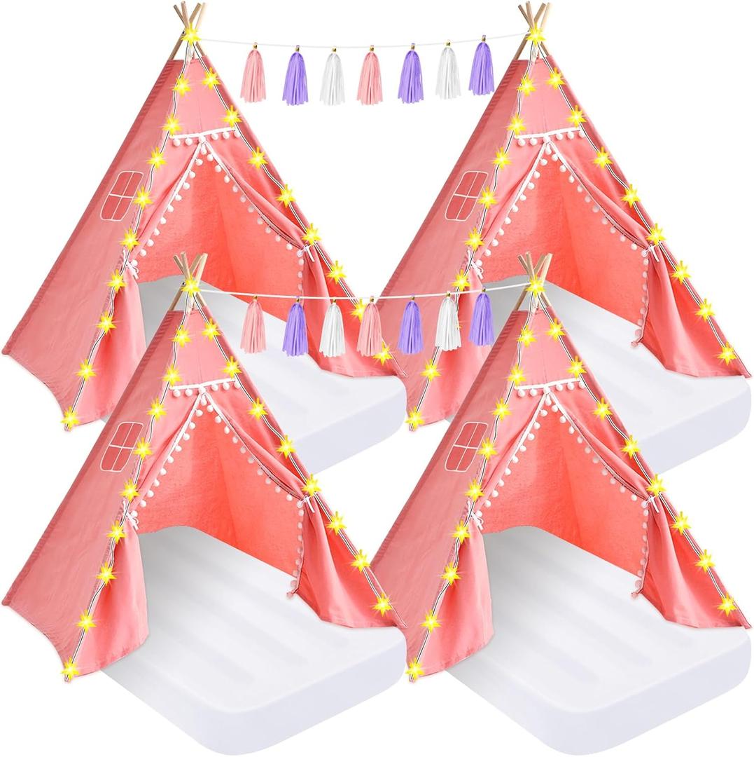 PLULON 4 Pack Teepee Tent for Kids Slumber Party Tents for Girls Sleepover Tents with Inflatable Airbed and Tent Decorations Play Tent for Birthday Party Indoor Outdoor, for Kids