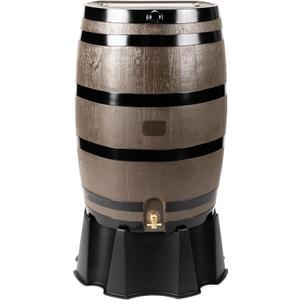 RTS Home Accents 50-Gallon Rain Barrel, Flat Back Rain Water Collection Barrel, Stand Included, Woodgrain with Black Stripes