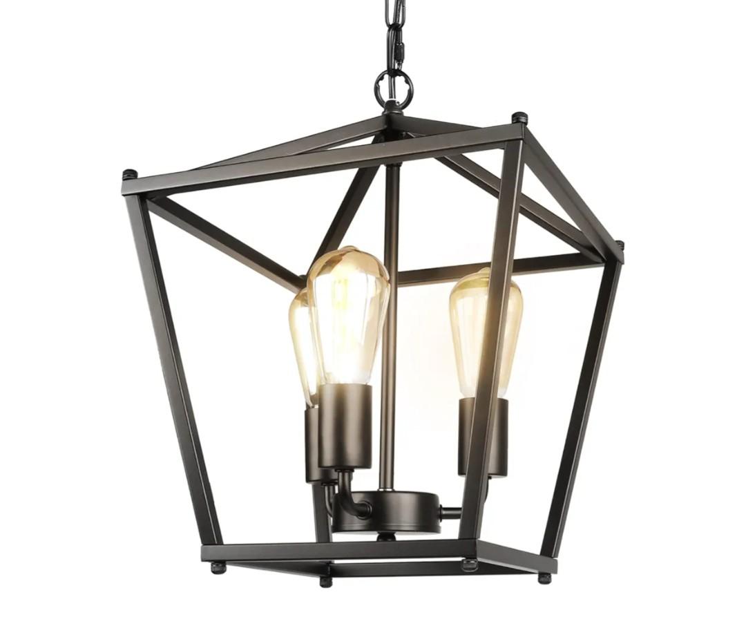 Unicozin Black Lantern Pendant Light, 3 Lights Farmhouse Chandelier Fixture with Metal Cage, Adjustable Height Industrial Hanging Lights E26 Base for Kitchen Island, Bedroom, Entryway, Foyer