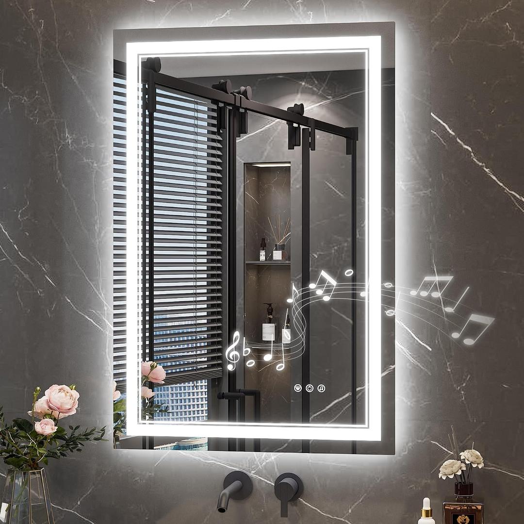 Keonjinn 24"x36" Lighted Mirrors for Bathroom Wall with Bluetooth Speaker, LED Mirror for Bathroom with Frontlit & Backlit, Bluetooth Mirror Bathrooms, Tempered Glass, Dimmable 3-Color Lights, CRI90+