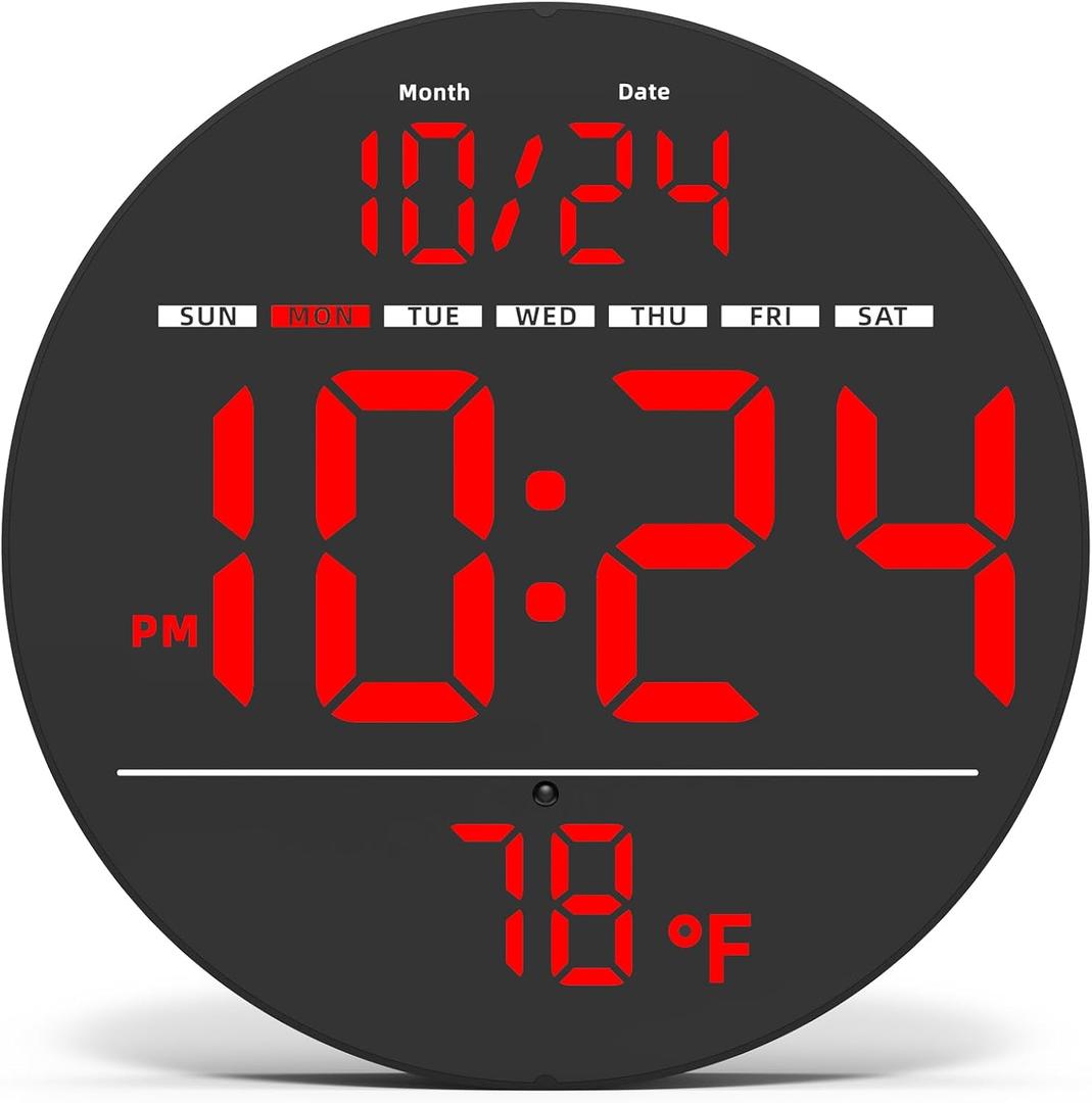 Digital Wall Clock with Large LED Display, Date, Temperature, Auto-Brightness | Small [PLUG-IN] Clock | Modern Electric Wall Clock for Bedroom, Classroom, Living Room, Home, Office, Farmhouse  Red