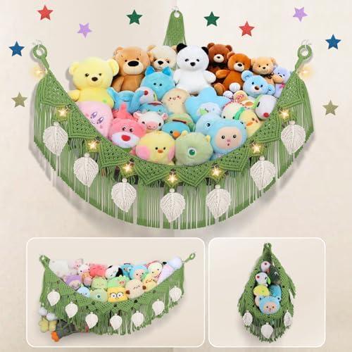 iHansee Stuffed Animal Hammock Corner, 56'' Large Boho Leaf Macrame Wall Mount Toy Hammock, Hanging Net Organizer for Teddy Plush, Avocado Green Nursery Toy Net w/Star Lights for Kid Girls Boys Gift