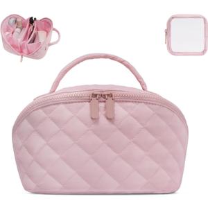 Makeup Bag,Quilted Puffer Cosmetic Bag for Women, 180 Lay-Flat Travel Make up Bag, Waterproof Large Capacity Toiletry Bag with Sturdy Zippers, Portable Makeup Organizer for Travel & Daily Use (EXP 11/24/32)