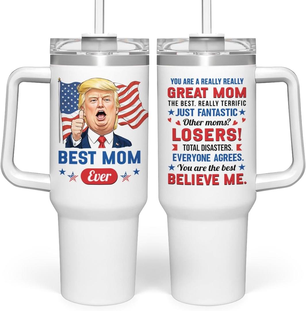 Wowcugi Mom Trump Tumbler with Handle 40oz, Gifts for Mom from Daughter Son, Stainless Steel Insulated Tumblers Coffee Travel Mug Cup, Best Moms Gift for Birthday Christmas Mothers Day