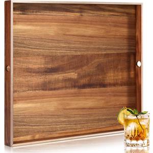 24 Inch Extra Large Square Ottoman Table Tray with Handles Large Acacia Wood Serving Decorative Ottoman Wood Tray for Kitchen Coffee Sofa Table Organizer Storage Topper