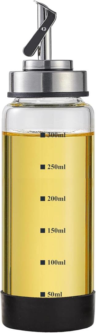 Verdental 10 oz Glass Olive Oil Dispenser Bottle for Kitchen Stainless Steel Cruet Pourer Spout for Oil Vinegar Coffee Syrup Soy Sauce Other Liquids with Non-slip Silicone Ring and Labels (300ml)