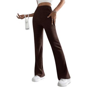 MakeMeChic Women's Rib Knitted Bell Bottoms Elastic Waist Bootcut Trousers Flared Leg Pants (Large, Chocolate Brown)