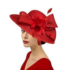 Dressfan Fascinator Derby Hats for Women Vintage Wedding Flower Feather Hair Clip, 20s 50s Headband Hair Accessories Headwear for Derby/ Wedding/ Cocktail/ Tea Party, M36-Red