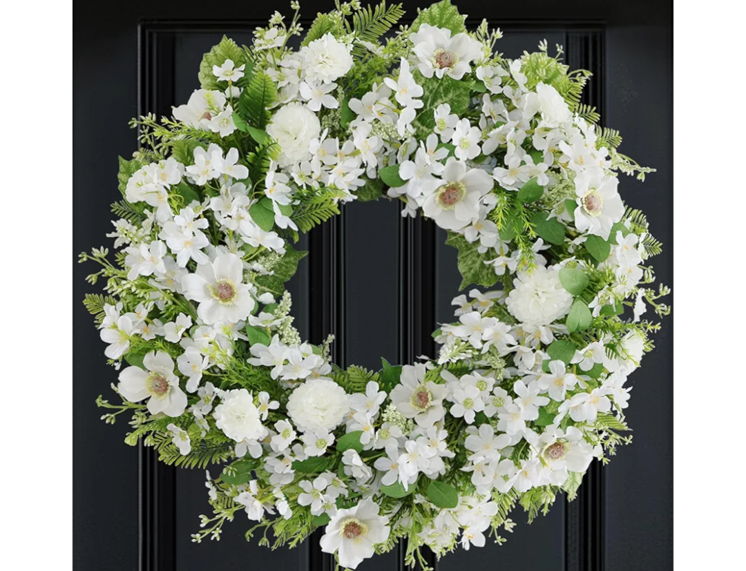 White Faux Silk Flower Spring Summer Easter Wreath 24-26" for Front Door – Anemone Daisy Tagetes Erecta Green Eucalyptus and Fern Leaves – Farmhouse Front Porch Wreath, Outdoor Indoor Use