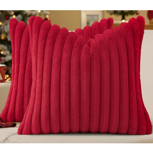 decorUhome Cozy Faux Fur Spring Throw Pillow Covers 18x18 Set of 2 Decorative Soft Plush Striped Modern Farmhouse Boho Couch Pillow Cases with Velvet Back for Sofa Bed Living Room, Red