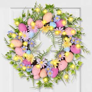 Easter Egg Wreath for Front Door - Pastel Eggs & Daisy Decor Porch Window Spring Wreaths with Fern Foliage Indoor Outdoor Decor for Easter Holiday Celebrations Decorations