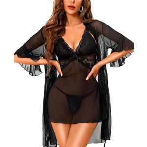 RSLOVE Women Sexy Lingerie Set - 3 Piece Babydoll & Lace Kimono Robe Strap Chemise Nightgown Mesh Sleepwear (Black, XL)