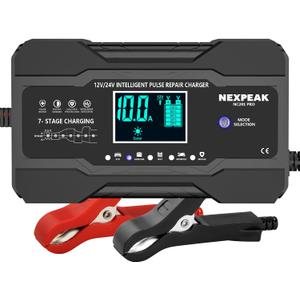 NEXPEAK 10-Amp Car Battery Charger, 12V and 24V Smart Fully Automatic Battery Trickle Charger Maintainer w/Temp Compensation for Truck Motorcycle Lawn Mower Boat Marine Lead Acid Batteries