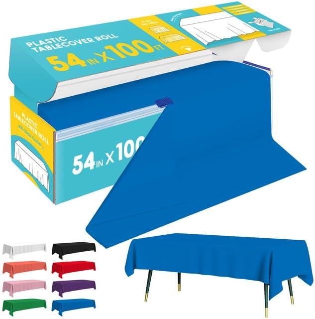 Blue Plastic Table Cover Roll - 54IN x 100FT, Table Cloth for Rectangle Table with Slide Cutter, Plastic Table Cloth Disposable with Cut-to-Size Design for Weddings, Banquets, Parties