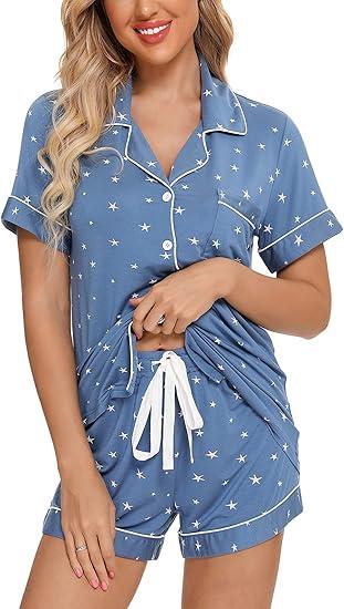 Senert Pajamas Set For Women Short Sleeve Sleepwear Soft Button Down Pjs Set Nightwear Lounge Sets, Size M