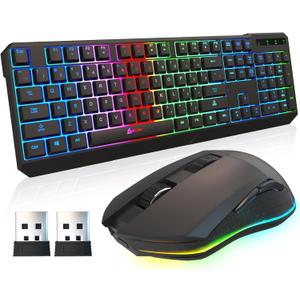KLIM Chroma Wireless Keyboard and Mouse  RGB Backlit Gaming Combo, Rechargeable Wireless Keyboard & RGB Mouse, Durable & Ergonomic, Dual USB Receivers, Compatible with PC, Mac, PS4, PS5 (Black - Bundle)