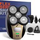 FlexSeries Electric Head & Body Hair Shaver - Mens Cordless Rechargeable Wet/Dry Skull Bald Head Back & Groin Waterproof Razor with Rotary Blades, Clippers, Nose Trimmer, Brush, Massager