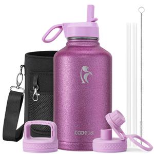 Coolflask Half Gallon Water Bottle Insulated with Straw & 3 Lids, 64 oz Water Jug Large Metal Stainless Steel Wide Mouth for Sports, Gym or Office, Non-BPA Keep Cold 48H Hot 24H, Glitter Pink