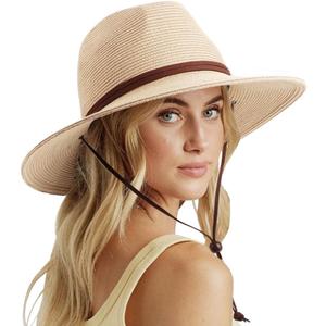 DRESHOW Womens Summer Straw Sun Hat Wide Brim Bucket Hats Fedora Hat Panama Beach Hat with Chin Strap UPF 50+ (One Size, 1 Pc Panama Fedora: Beige)