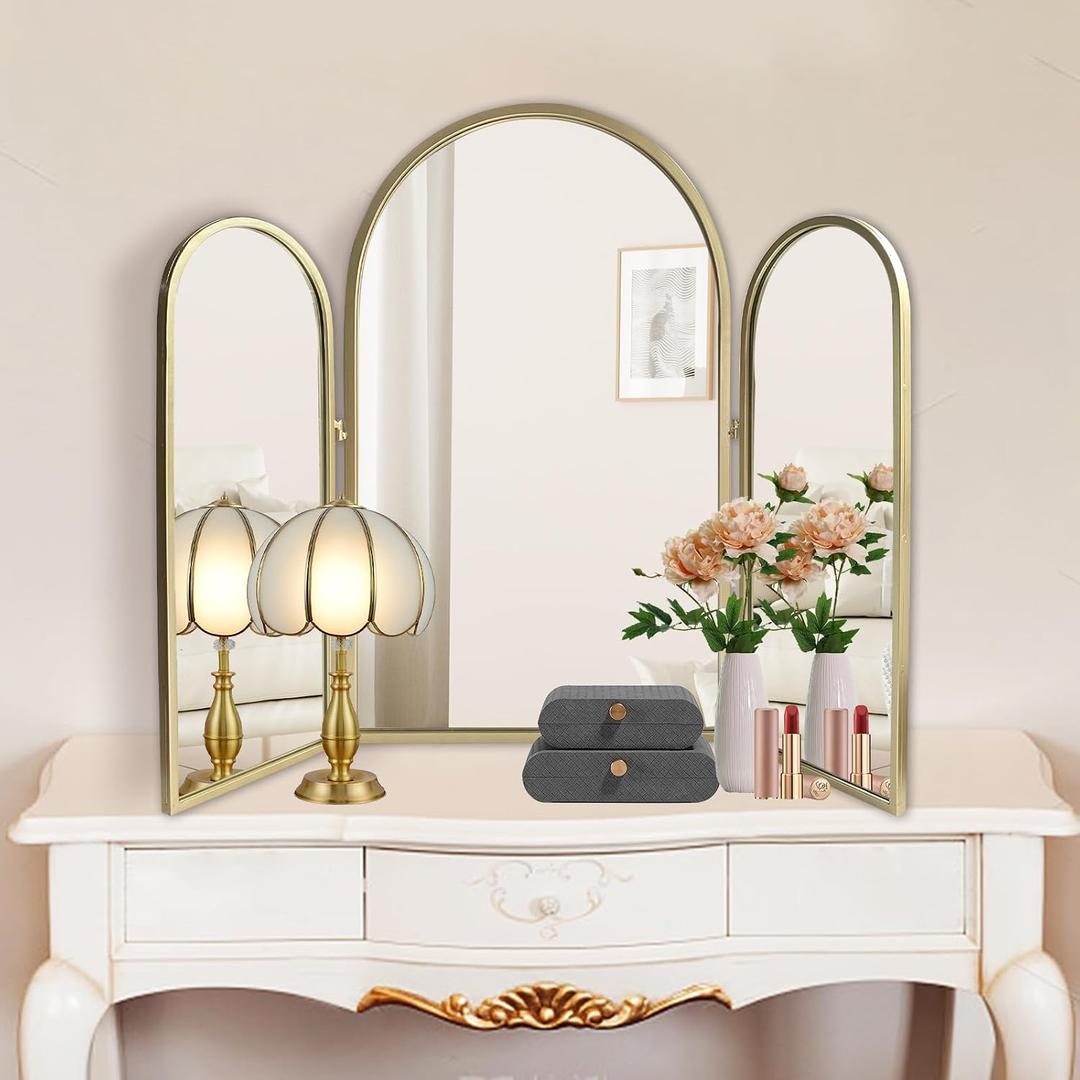 BAODANFU Trifold Vanity Mirrors 3 Way, 30 x 37in Adjustable Vanity Mirrors for Bathroom, Bedroom, Champaign Golden Arch Mirrors Wall Mounted Decoration, Braiding Hair, Makeup 360 Way