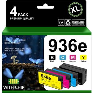 936xl 936e 936 Ink Cartridges with Chip Replacement for HP 936 936e Ink Cartridge Compatible with OfficeJet 9122e OfficeJet Pro 9110b 9125e 9128e 9130b 9135e 9730e PrinterBlack Cyan Magenta Yellow