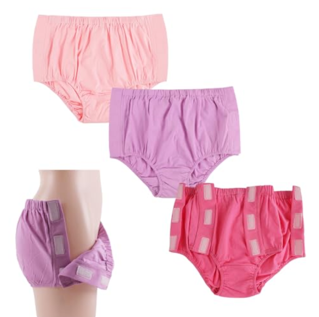 3 Pack Cotton Post Surgery Underwear for Women, Disabled Adaptive, Tear Away Briefs, Reusable Incontinence Underpants, L