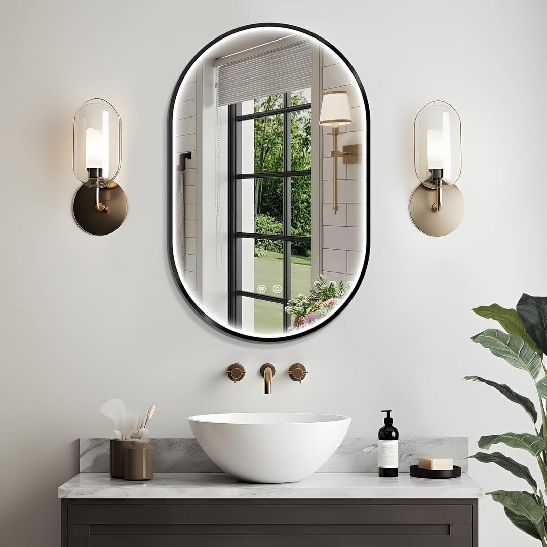 32"x20" Oval Led Mirror for Bathroom, Black Metal Framed Lighted Vanity Mirror with Lights, Anti-Fog Light Up Mirror with 3 Colors Dimmable, Frontlit, Shatterproof, Horizontal/Vertical