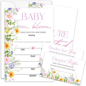 Floral Baby Shower Invitations, Baby Shower Invites, Butterfly Gender Reveal Party Invitations, Diaper Raffle Tickets & Book Request Card, 25 Set With Envelopes- BSinvite 08