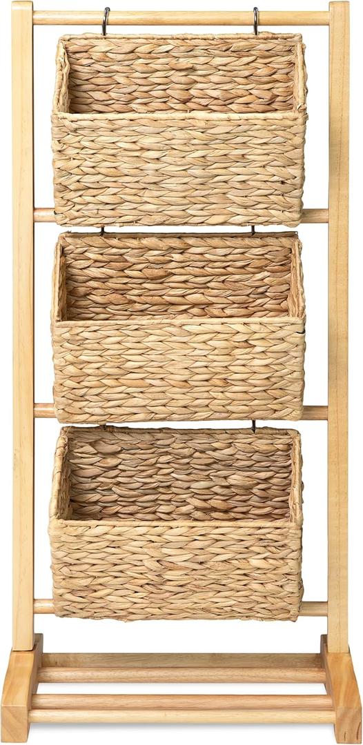 HOMESTEAD 3-Tier Wooden Shelf with Water Hyacinth Woven Baskets – Rattan Shelf Basket, Boho Room Decor, Wooden Book Shelf, Bathroom Storage Shelves, Kitchen, Laundry, Living Room (Natural)