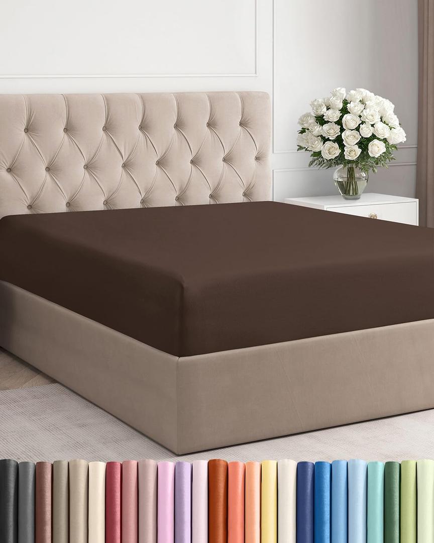 Full Fitted Bed Sheet - Bottom Single Fitted Sheet Only - Ultra-Soft Hotel Luxury Bedding w/ 8-16 Inch Deep Pockets - Breathable, Cooling & Wrinkle Free - Easy-Care, Fade & Shrink Resistant - Brown