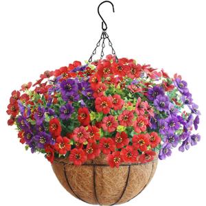 Artificial Hanging Flower Plants with Pot Planter, 12 Bundles Fake Flowers Uv Resistant Artificial Outdoor Flowers for Spring Summer Yard Porch Patio Garden and Home Decoration - Purplish Red