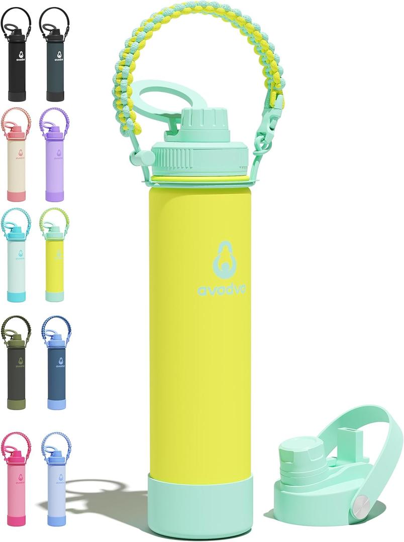 24 oz Insulated Water Bottle with 2 Lids (2-in-1 Straw & Spout Lid, Magnetic Lid), Slim Water Bottle with Strap, Stainless Steel Water Bottle for Hiking, Gym, Travel, BPA-Free, Yellow