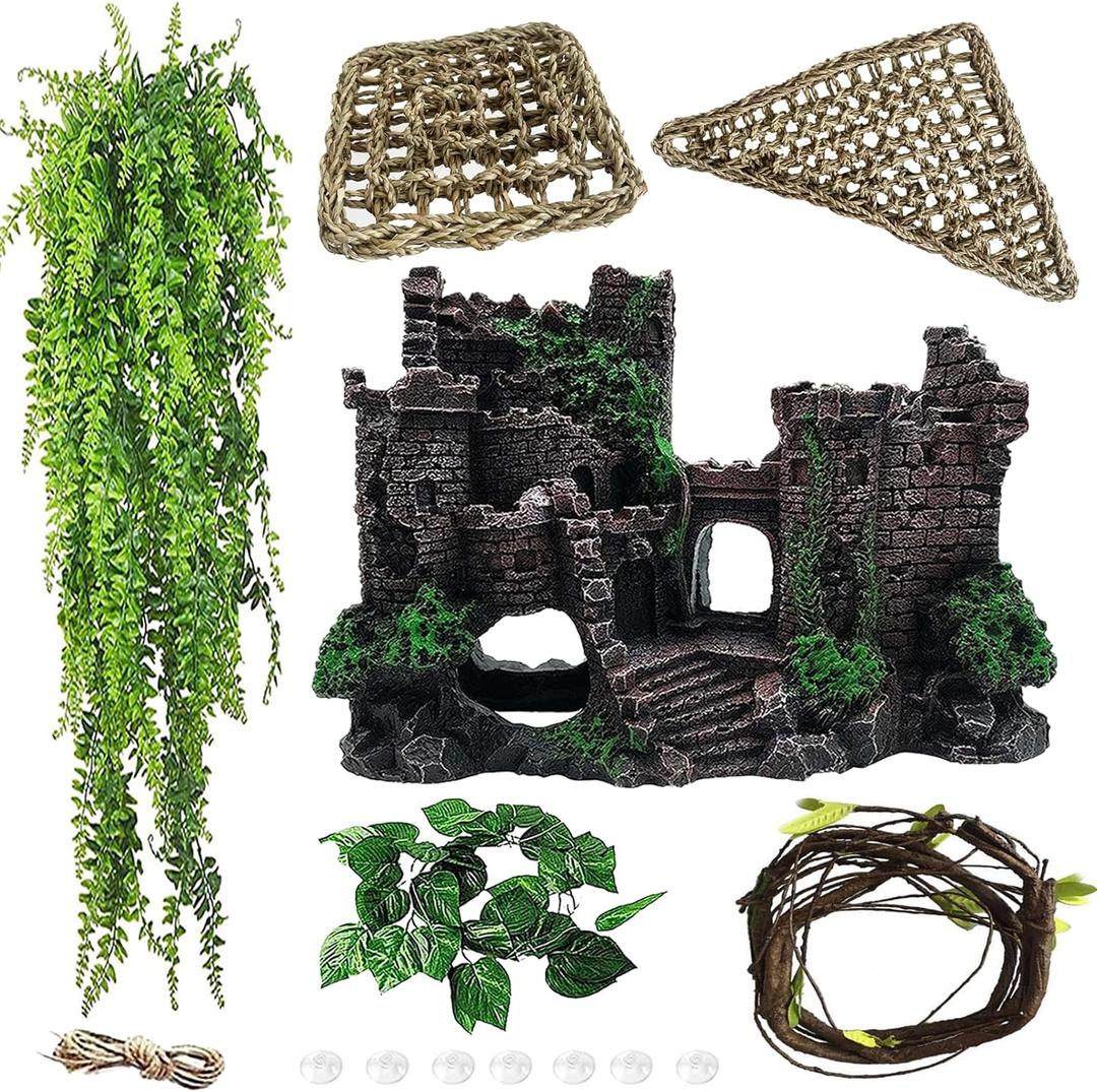 Tank Accessories for Bearded Dragon Include Resin Classical Castle Reptile Hammocks Climb Habitat Hanging Jungle Vines Flexible Leaves Climbing Decor for Chameleon Lizard Gecko Spider(6 PCS)