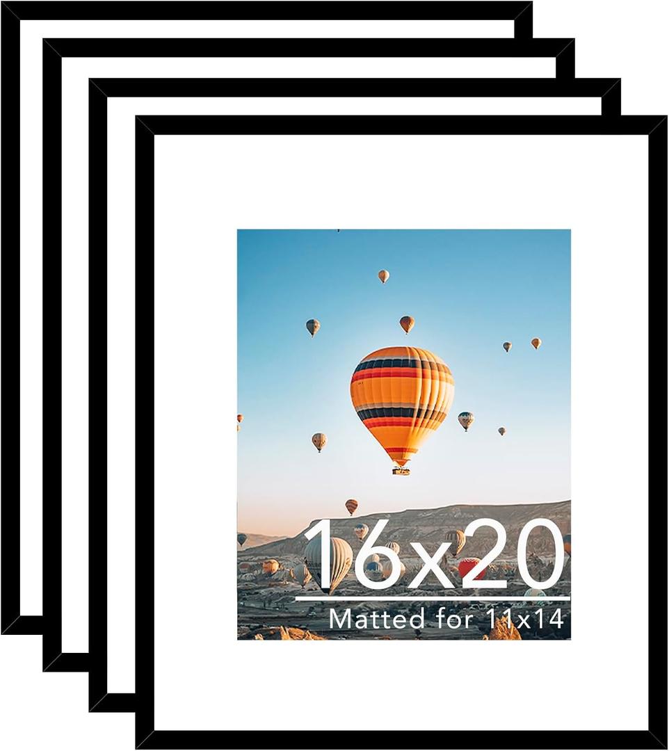 JCJMY 16x20 Picture Frame Set of 4 with 11x14 Mat, Display Photo 11x14 with Mat or 16 x 20 Without Mat, Wall Hanging Large 16 by 20 Poster Frame with Plexiglass, 4 Pack, Black