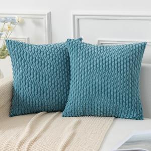 Kevin Textile Throw Pillow Covers Soft Corduroy Decorative Set of 2 Boho Striped Pillow Covers Pillowcases Farmhouse Home Decor for Couch Bed Sofa Living Room 18x18 Inch Light Blue