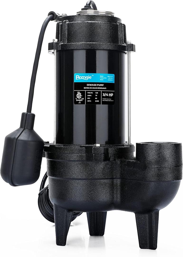 3/4 HP Sewage/Effluent Pump, 6400 GPH Submersible Basement Sewer Pump with 10ft Auto Float Switch, Cast Iron Sump Ejector, 2'' NPT for Sewage Basin, 120V