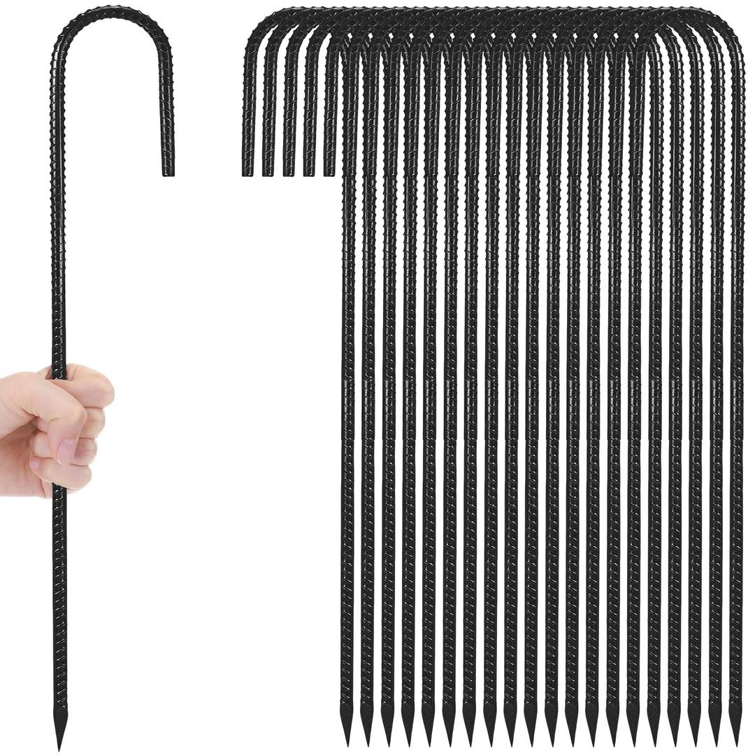 Gisafai 20 Pcs 36 Inch J Hook Rebar Stakes, Garden Ground Stakes Heavy Duty Tent Stake Ground Anchors Steel Plant Support Stake Long Straight Metal Spikes with Chisel Point End for Concrete Timber