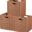 UBBCARE 3 Pack Wicker Basket, 11L11H10.5W inch Woven Paper Rope Storage Baskets for shelves, Foldable Cube Storage bin with Handle, Storage Basket for Organizing & Decor,Caramel
