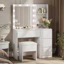 Vanity Desk with Mirror and 12 LED Lights, Makeup Vanity Table with USB & Power Outlets, 4 Drawers and Hairdryer Holder, Padded Stool with Storage, White