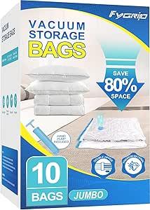 Vacuum Storage Bags with Hand Pump, Plastic Packaging Bags, 80% Space Saver Vacuum Seal Bags for Clothing, Travel Lugggage, Blankets, Comforters, 10 Medium