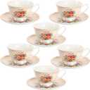 BTaT- Tea Cups and Saucers, Floral Design, Porcelain Tea Cup Sets, Dishwasher Safe, Set of 4, 8 oz (6 Pack, Flower Shrubs)