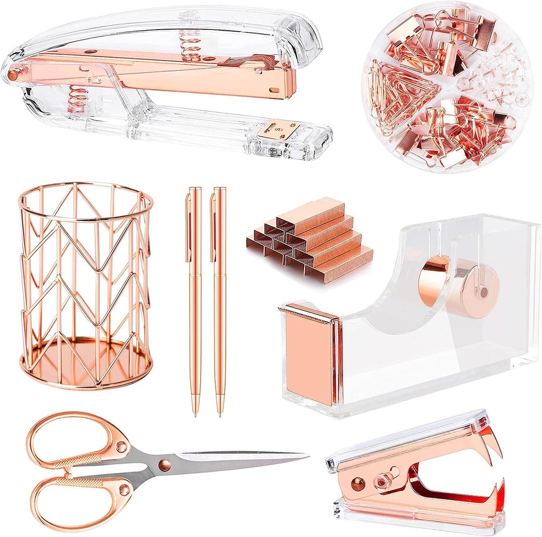 Famassi Rose Gold Desk AccessoriesOffice Supplies Set Acrylic Stapler Set Staple Remover, Tape Holder, 2 Ballpoint Pen, Scissor, Binder/Paper Clips and 1000pcs Staples.