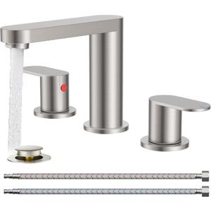 QFN Brushed Nickel Bathroom Faucets 3 Hole, 8 inch Widespread Bathroom Faucet with Pop Up Drain and 24" cUPC Supply Hoses, Lead-Free Two Handles Suitable for 6-12 Inch RV, Restroom, Vanity Sink (Stainless Steel)