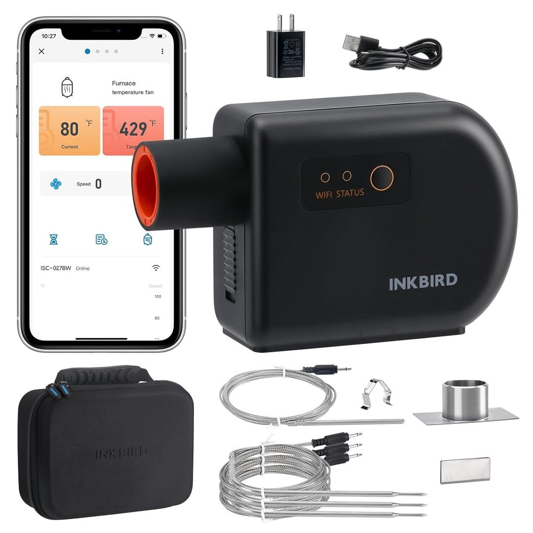 INKBIRD Wi-Fi and Bluetooth BBQ Temperature Controller, Automatic Smoker Fan Thermometer, with 4 Probes for Green Egg, Kamado Joe, Primo, Ceramic Grills, with 2 Size Adapters, Storage Carrying Case (Black)