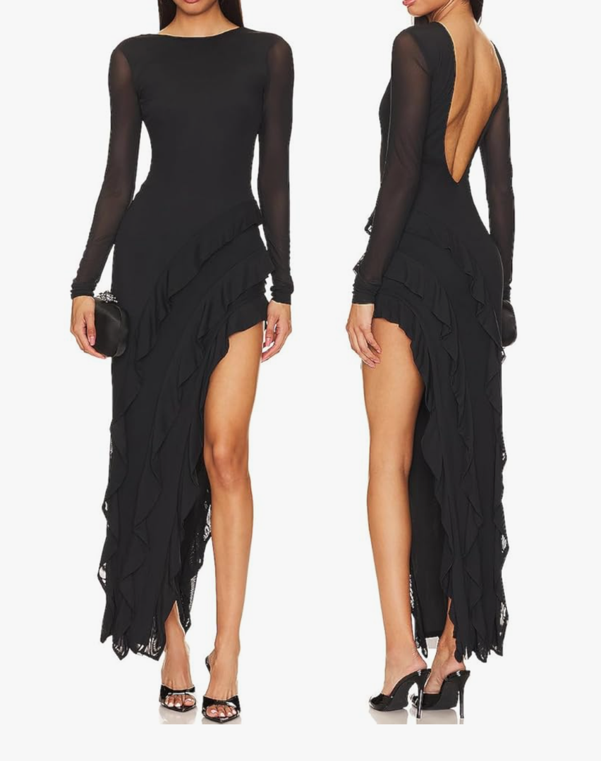 Capuffy Womens Long Sleeves Backless Maxi Dress Mesh Tassel Ruffle Side Split Bodycon Dress Siobhan Evening Party Dress 350, Size M