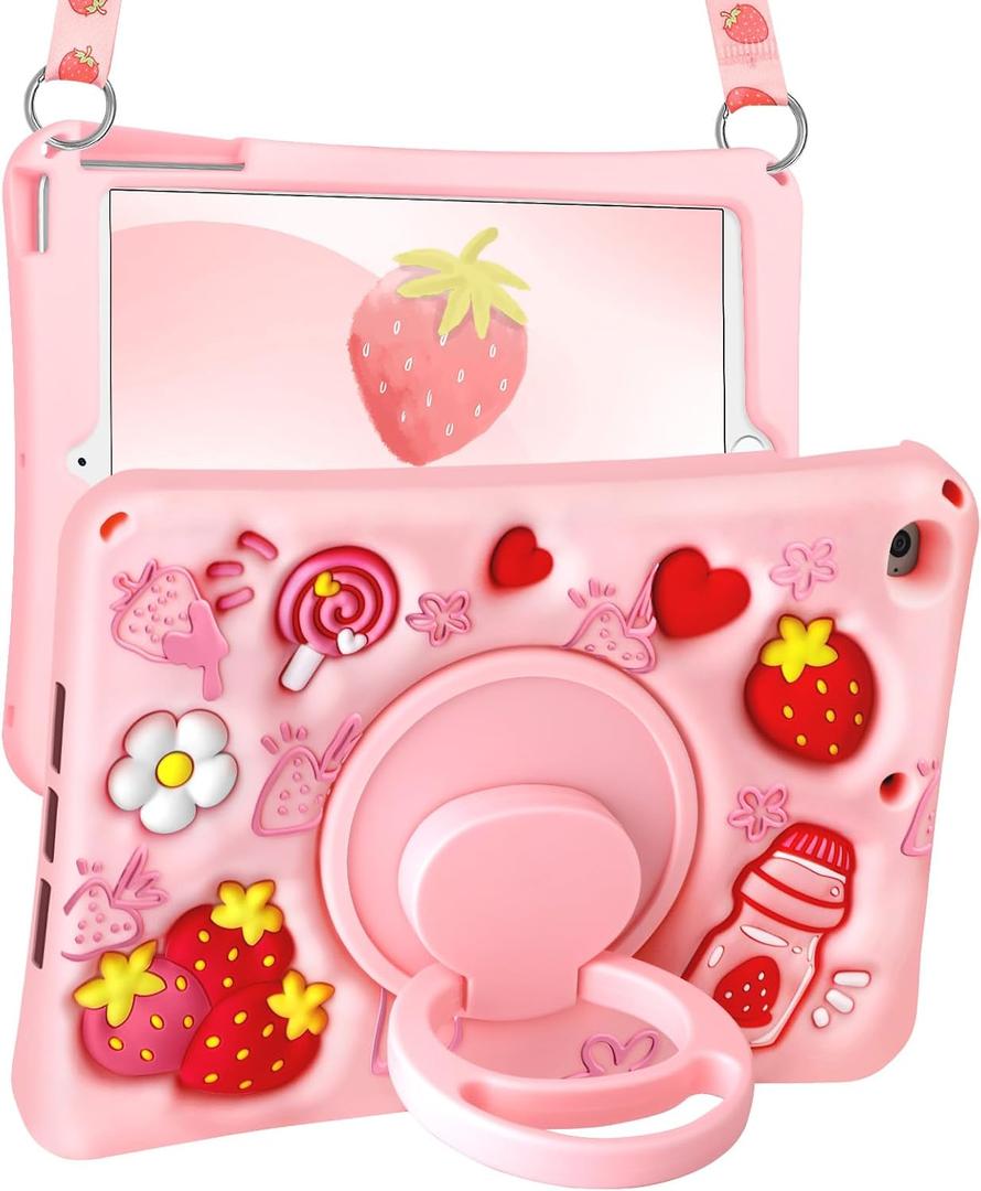 Boaretiu for iPad mini 5/4 Generation Case - Soft Silicone Cute Cartoon for iPad mini 5th/4th Case with Shoulder Strap & Rotating Stand 3D Kawaii for Women Girls Girly Teens, Strawberry