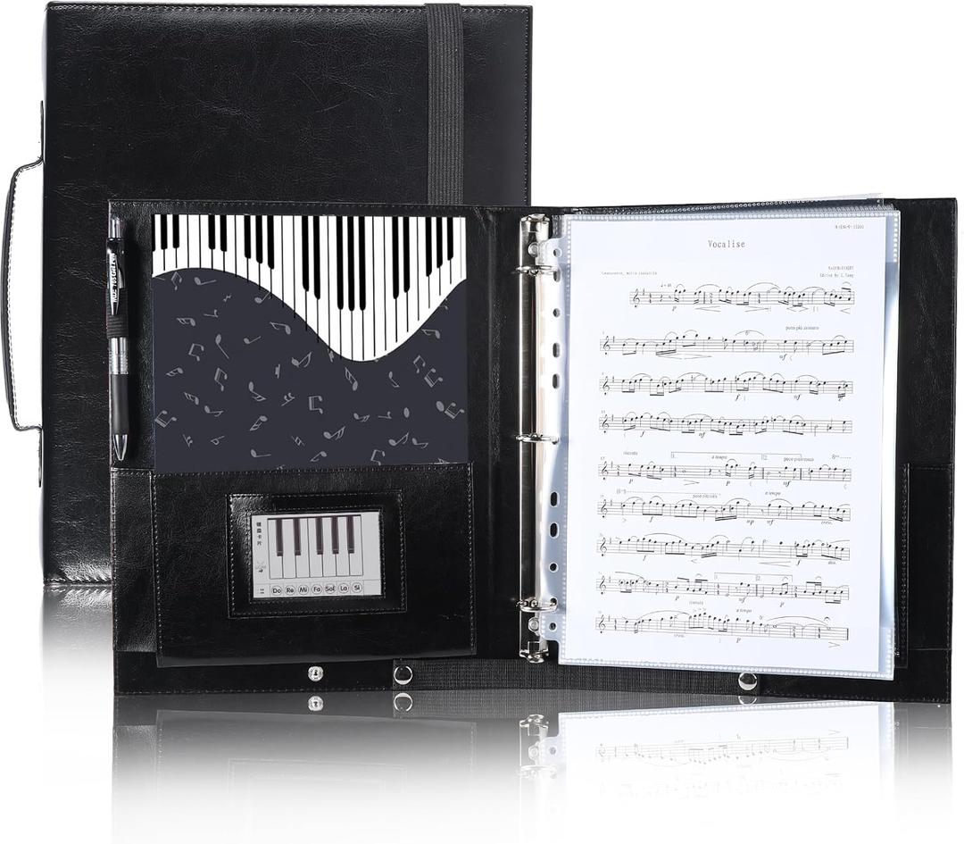 Choral Sheet Music Folder Organizer: 3 Ring Piano Music Binder with Plastic Sleeves - PU Leather Choir Folders with Hand Strap Elastic Band Fits Letter Size 8.5 x 11 inch, Black