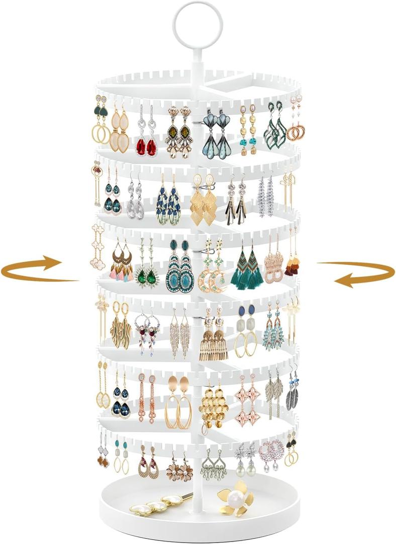 MODOWEY 6 Tier Rotating Earring Holder Organizer Display Tree with Metal Tray, Adjustable Plastic Stand with 342 Slots for Stud Hoop Hanger, Large Capacity Storage Rack for Women Space-Saving, White